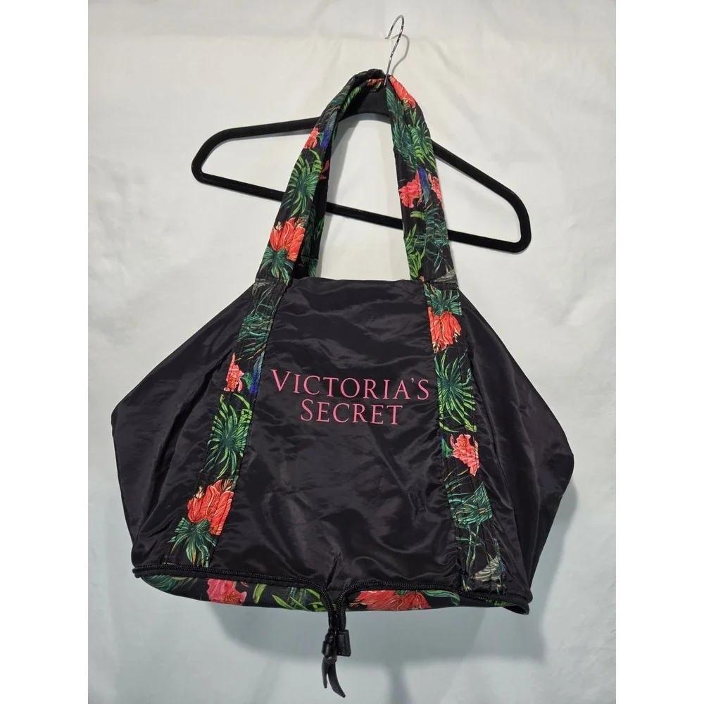 Victoria's Secret Packable Weekender Tote Gym Bag Black W Tropical Floral Handle